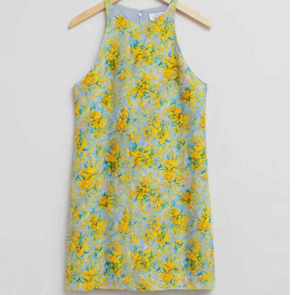 & Other Stories Floral Linen A-Line Halterneck Dress Sz 6